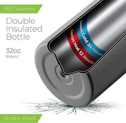 SipX™ Triple-Insulated Stainless Steel Water Bottle 32oz. With 3 Lids, BPA-Free Reusable Insulated Water Bottle Keeps Cold 24 Hours, Metal Water Bottle Made Of Sustainable Material For Hiking & Biking