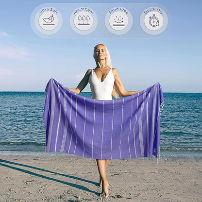 Turkish Beach Towel Compact & Soft Extra Large (39" x 71") - Quick Dry, Versatile and Functional as Yoga Mat, Picnic Blanket/Travel Blanket, Bath, Shower and Pool Towel - Purple