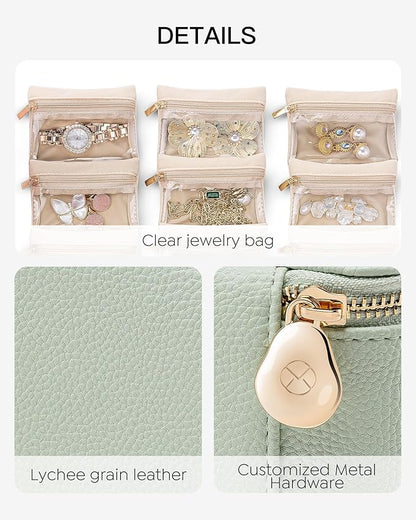 Vlando Jewelry Box with 6 Velvet Jewelry Bags Travel Jewelry Case for Women Girl Premium Petal Hardware Jewelry Organizer Necklace Rings Earrings Bags Bride Teacher Mom Gifts-Mint Green