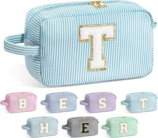 YOOLIFE Cosmetic Bag, Initial Makeup Bag for Women Girls - Personalized Gifts for Women Girls, Travel Makeup Bag, Cosmetic Bag, Blue T
