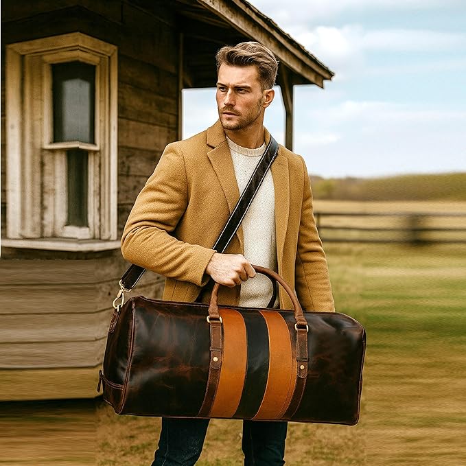 Genuine Leather Duffel Travel Overnight Weekend Leather Bag Sports Gym Duffel Luggage Travel Bag For Men And Women travelling cabin duffle Bags 24 Inch (retro)