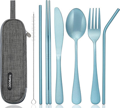 Portable Stainless Steel Flatware Set, Travel Camping Cutlery Set, Portable Utensil Travel Silverware Dinnerware Set with a Waterproof Case (Light Blue)