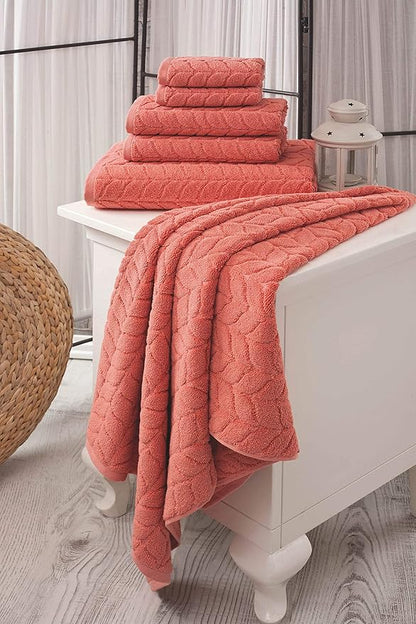 BAGNO MILANO Turkish Bath Towels, Soft Plush Jacquard Luxury Bath Towels, Quick Dry Towel Set (Coral Red, 6 pcs Towel Set)