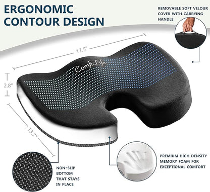 ComfiLife Premium Comfort Seat Cushion - Non-Slip Orthopedic 100% Memory Foam Coccyx Cushion for Tailbone Pain - Cushion for Office Chair Car Seat - Back Pain & Sciatica Relief (Black)
