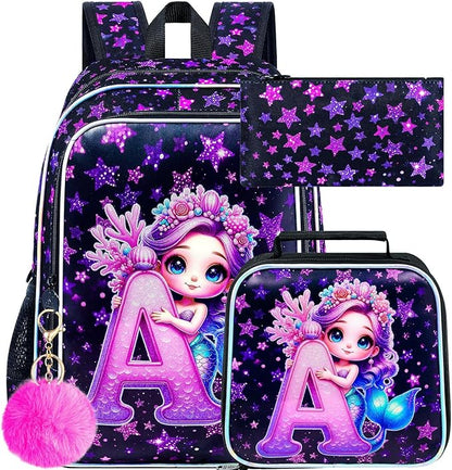 WZLVO 3PCS Mermaid Backpack Set, 16" Glittery UV Printing Girls Bookbag/School Bag with Lunch Box & Pencil Bag for Preschool to Elementary - Mermaid Holding Letter A
