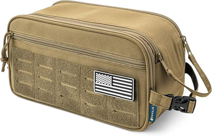 PAVILIA Extra Large Tactical Toiletry Bag for Men, Travel Hygiene Bag, Military Gear Dopp Kit, Molle Accessories Pouch, Shaving Grooming Essentials Gym Bathroom Shower Toiletries Tool EDC, Tan XL
