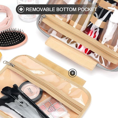 Travel Hanging Toiletry Bag for Women and Men, with 8 Leak Proofing Silicone Bottle Covers, Waterproof Makeup Accessories, Cosmetic Essentials, Cruise Ship Toiletries Bag with Jewelry Organizer, Pink