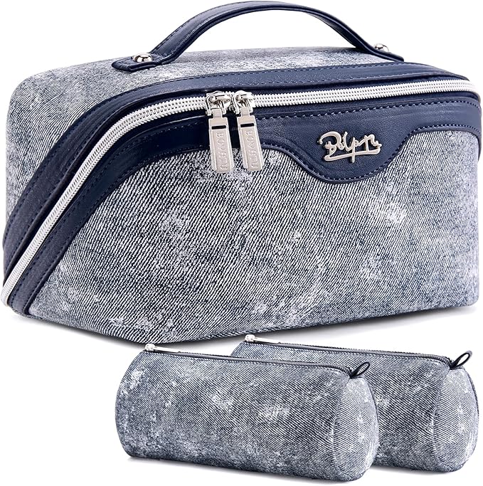 BOYATU Travel Makeup Bag Cosmetic Bags for Women: 3 Sets Large Capacity Make up Bag - Portable Toiletry Bags with Handle for Women(F-4-Dark Blue)