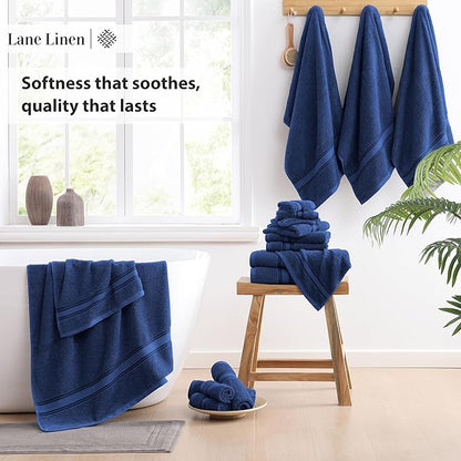 LANE LINEN 100% Mercerized Cotton Bath Towel Set of 18 – Zero Twist Shower Towels, 6 Bath, 6 Hand Towel & 6 Washcloths, Quick-Dry, Luxuriously Soft & Durable, Perfect for Everyday use – Navy