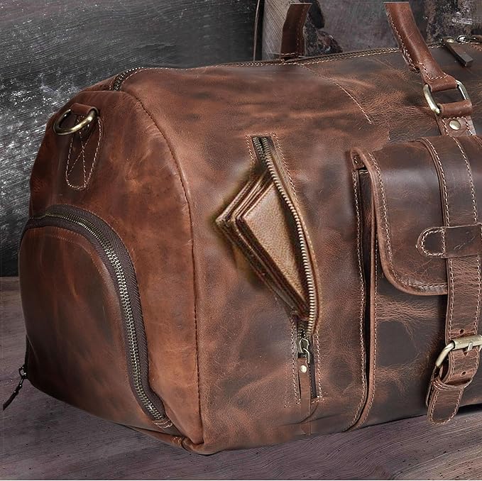 24 Inch Genuine Leather Duffle Bag for Men Travel Overnight Weekender Leather Duffel Bags Sports Gym Duffel for Men and Women Carry On Luggage for Traveling