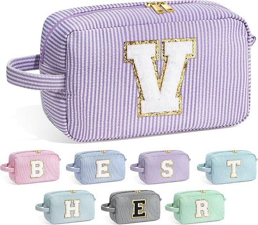 YOOLIFE Travel Makeup Cosmetic Bag - Personalized Monogram Cute Initial Makeup Bags Cosmetic Toiletry Bag Pouch Make Up Case for Women Her Best Friend Friendship Teacher, Birthday Gifts for Women V