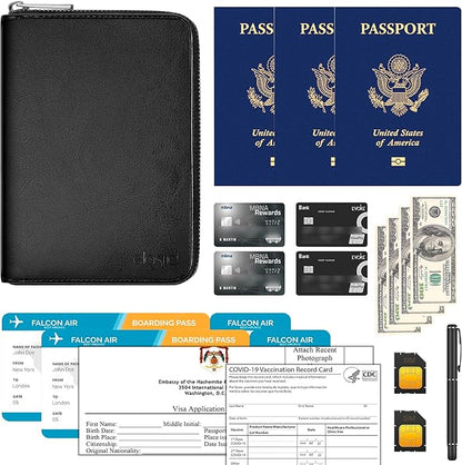 Passport Wallet, Passport Holder for Travel Family, Ultra Large Storage up to 3 Pockets. RFID Passport Cover Case with Zipper Closure