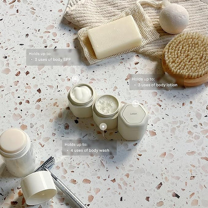 Cadence Travel Containers - Body Care Capsule Set - Magnetic Containers with Lids,Carry On Travel Essentials for Women/Men - 3 Flex Mediums (1.32oz) - Body Wash, Lotion & Sun Icon Labels - Sand