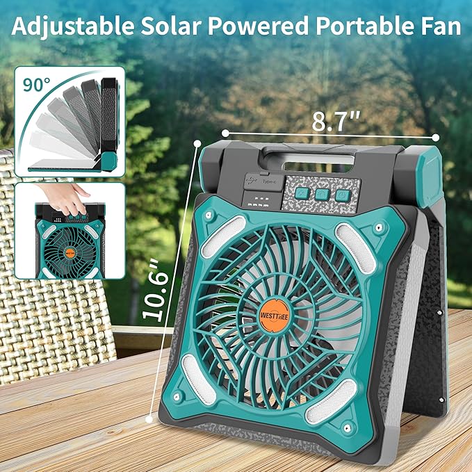 Solar Fan Battery Powered Rechargeable Solar Camping Fan with Led Lantern & Power Bank Foldable Angle USB Personal Fans for Travel Outdoor Camping Tents X98 Cyan