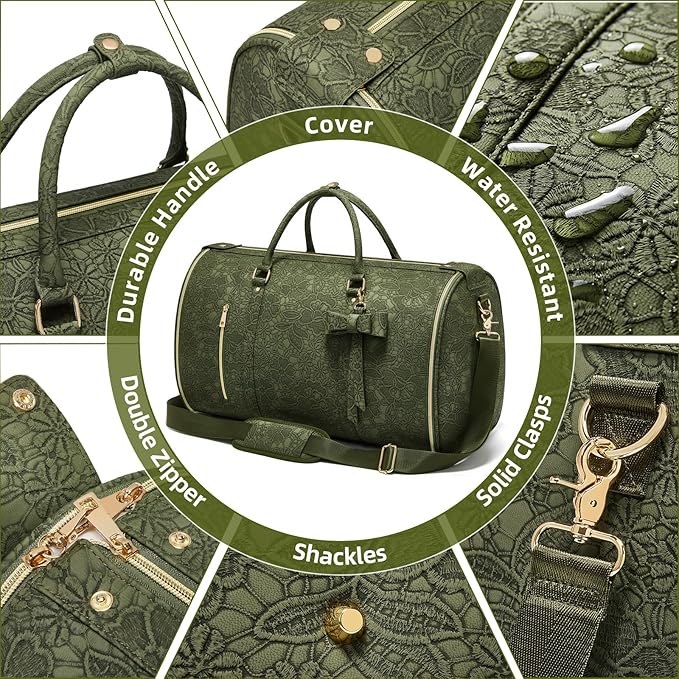 Garment Duffle Bag for Travel, 2-in-1 Foldable Carry On Garment Bag with Shoe Compartment & Toiletry Pocket, Convertible Weekender Bags for Women Business Travel, Vacation, Party, Deep Green