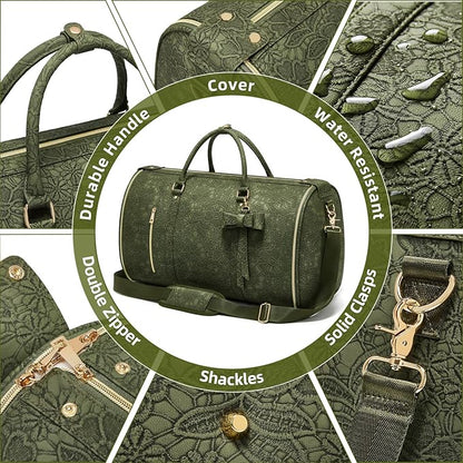 Garment Duffle Bag for Travel, 2-in-1 Foldable Carry On Garment Bag with Shoe Compartment & Toiletry Pocket, Convertible Weekender Bags for Women Business Travel, Vacation, Party, Deep Green