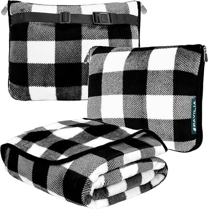 PAVILIA Travel Blanket Pillow, Soft Airplane Blanket 2-in-1 Combo Set, Plane Blanket Compact Packable, Flight Essentials Car Pillow, Travelers Gifts Accessories, Backpack Strap, 60x43 Checker White