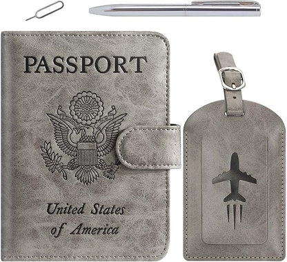Passport Holder With Luggage Tag Cover Wallet RFID Blocking Leather Case Travel Essentials Accessories Travel Must Have(114#Grey)