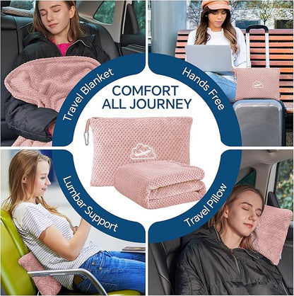 BEDELITE Travel Blanket with Bag, Ultra-Soft Jacquard Fleece Blanket with Luggage Sleeve & Backpack Clip, Airplane Blanket Travel Essentials, Pink