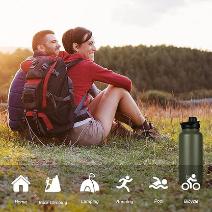 HASLE OUTFITTERS 32 oz Insulated Water Bottle Stainless Steel Double Walled Vacuum Sports Water Bottle with 2 Lids (Straw and Spout Lid) for Gym Camping Hiking(Army Green,8)