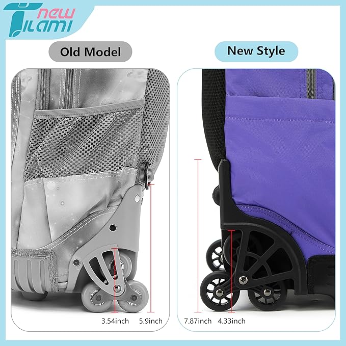 NEW TILAMI 18 Inch Rolling Backpack with Wheels for Girls Boys Kids Laptop Backpack School Travel, PurpleSky