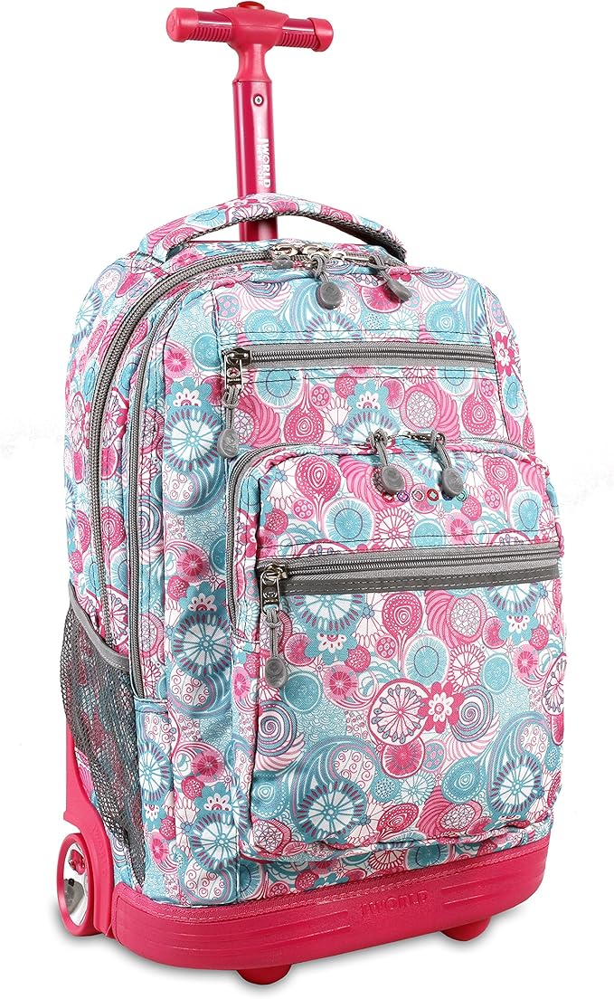 J World Sundance Laptop Rolling Backpack for Girls Boys. Roller Bookbag with Wheels, Blue Raspberry