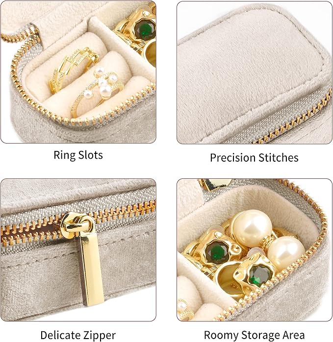 TAIMY Mini Jewelry Travel Case, Velvet Small Travel Jewelry Box, Portable Jewelry Travel Organizer Box for Rings Earrings Necklaces, Gifts for Women Girls(Beige)