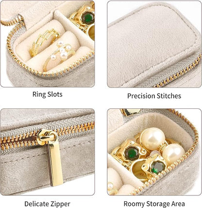 TAIMY Mini Jewelry Travel Case, Velvet Small Travel Jewelry Box, Portable Jewelry Travel Organizer Box for Rings Earrings Necklaces, Gifts for Women Girls(Beige)