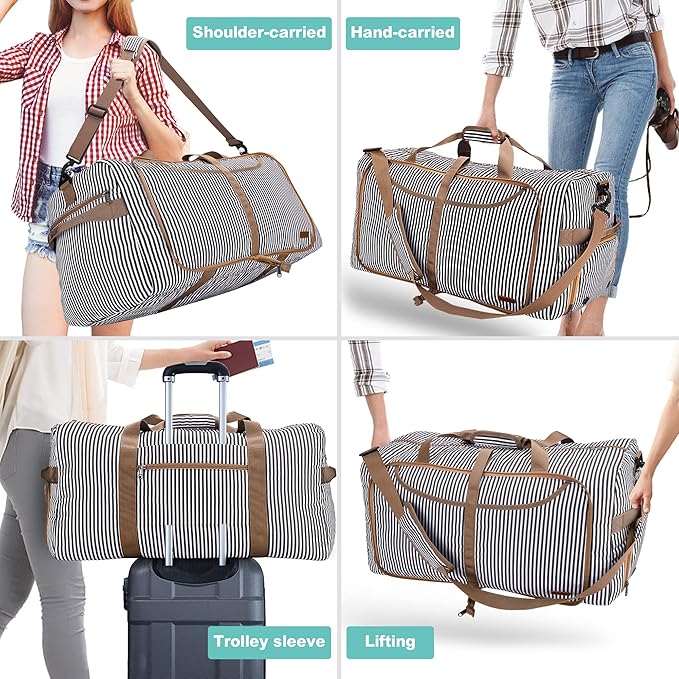 80L Duffle Bag for Travel, Large Foldable Waterproof Travel Duffel Bags Weekender Overnight Bag for Men and Women with Shoe Compartment (Stripe)