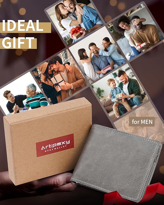 Mens Wallet Bifold Genuine Leather RFID Blocking Wallet for Men with 1 ID Windows 13 Card Holders 2 cash pockets 1 Gift Box