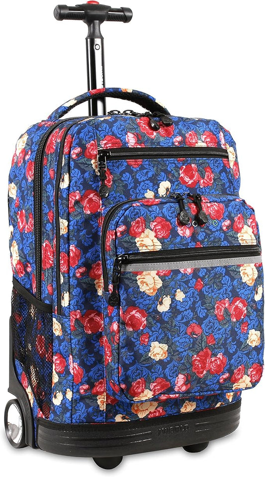 J World Sundance Laptop Rolling Backpack for Girls Boys. Roller Bookbag with Wheels, Vintage Rose