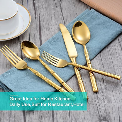 Flatware Set Gold Silverware Set Stainless Steel Bamboo Handle Cutlery Set Mirror Polished 40 Pieces for Home Kitchen Restaurant Hotel Wedding Housewarming Gift Service for 8