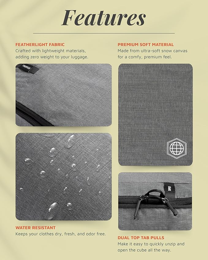 Compression Packing Cubes for Travel by TRIPPED – 6-Piece Premium Set with Laundry & Shoe Bag, Space Saving Travel Organizer Bags for Suitcase & Carry-On Luggage (Grey)