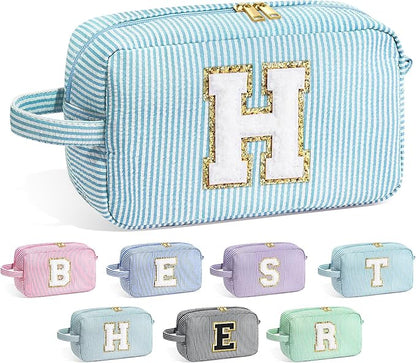 YOOLIFE Initial Makeup Bag - Personalized Monogram Cute Blue Makeup Bag Cosmetic Travel Toiletry Pouch Make Up Case for Women Mom Best Friend Bridesmaid Sister Teacher, Birthday Gifts for Women Her H