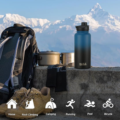 HASLE OUTFITTERS 32 oz Insulated Water Bottle Stainless Steel Double Walled Vacuum Sports Water Bottle with 2 Lids (Straw and Spout Lid) for Gym Camping Hiking(Blue Black Gradient,1)