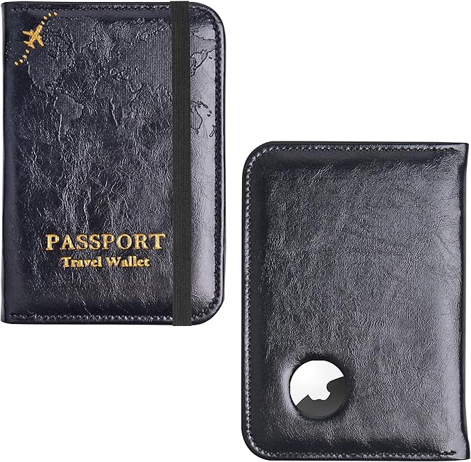 QIELIZI Passport Holder with Airtag Slot, Airtag Passport Wallet for Men Women, Slim Leather Passport Holder Case Family for Travel Anti-Lost(1-Black)