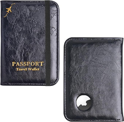 QIELIZI Passport Holder with Airtag Slot, Airtag Passport Wallet for Men Women, Slim Leather Passport Holder Case Family for Travel Anti-Lost(1-Black)