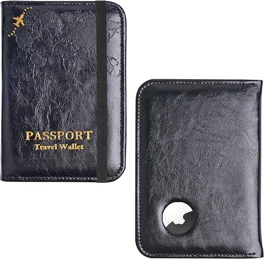 QIELIZI Passport Holder with Airtag Slot, Airtag Passport Wallet for Men Women, Slim Leather Passport Holder Case Family for Travel Anti-Lost(1-Black)