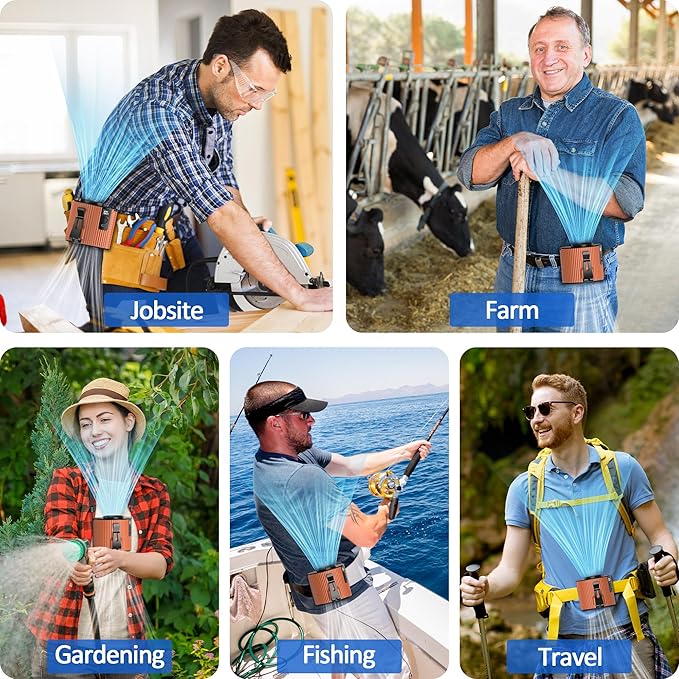 Portable Mini Waist Fan, Personal Waist Clip On With Max 20H Working Time, 5 Speeds 11000RPM Strong Airflow, Rechargeable Hands-free Wearable Belt Fan for Outdoor Jobsite Camping Traveling Fishing