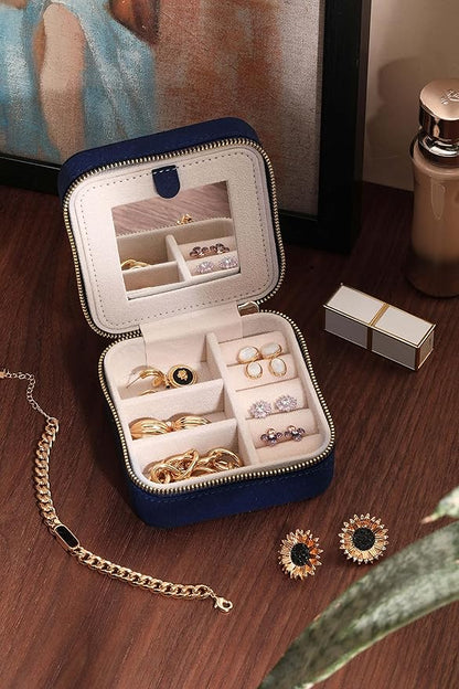 S.Leaf Travel Jewelry Organizer Boxes for Women Small Portable Necklace Earrings Bracelet Rings Travel Case Best Friend Birthday Gifts for Women Trendy (06_Suede_Touch_Navy)