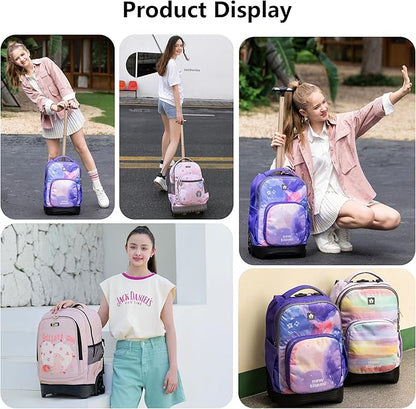 NEW TILAMI 18 Inch Rolling Backpack with Wheels for Girls Boys Kids Laptop Backpack School Travel, Pink Paris