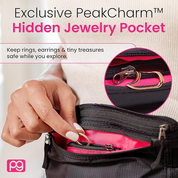 Peak Gear Women’s Money Belt - Hidden Travel Waist Pouch for Women | RFID Blocking, Slim Under-Clothes Passport Holder with PeakCharm Jewelry Pocket + 2 ReturnMe™ Recovery Tags