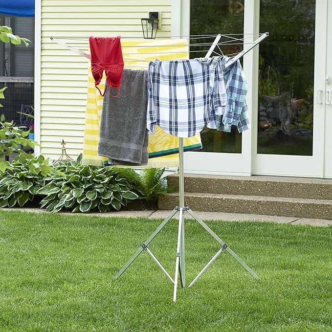 Household Essentials Portable Umbrella Clothesline, 64 Ft of Hanging Space, Pre-Strung with Stable Base, Silver