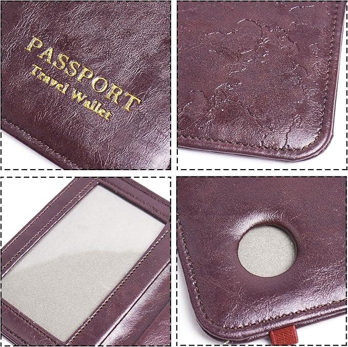 QIELIZI Passport Holder with Airtag Slot, Airtag Passport Wallet for Men Women, Slim Leather Passport Holder Case Family for Travel Anti-Lost(1-Dark Red)