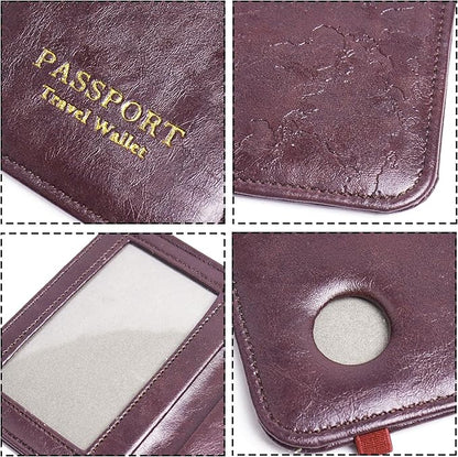 QIELIZI Passport Holder with Airtag Slot, Airtag Passport Wallet for Men Women, Slim Leather Passport Holder Case Family for Travel Anti-Lost(1-Dark Red)