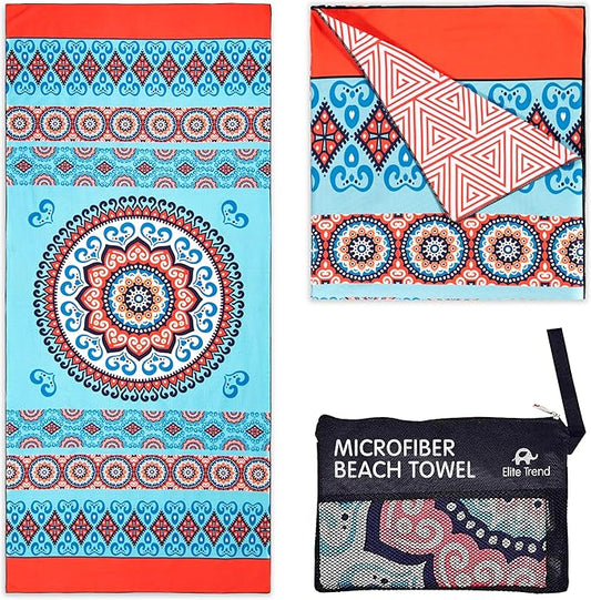 Elite Trend Microfiber Beach Towel for Adults with Bag - Extra Large 78x35 Inch Lightweight Sand Free Quick Dry Towel for Travel, Swimming, Yoga, Camping (Mandala Coral)