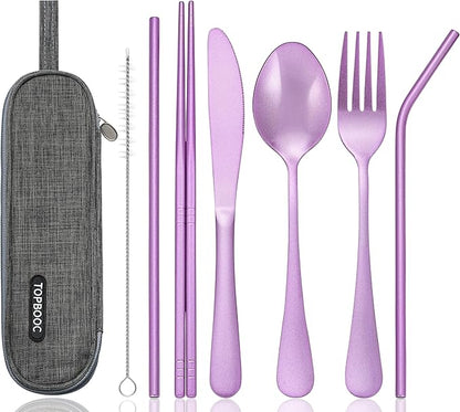 Portable Stainless Steel Flatware Set, Travel Camping Cutlery Set, Portable Utensil Travel Silverware Dinnerware Set with a Waterproof Case (Light Purple)
