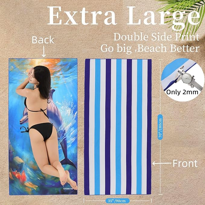 Microfiber Extra Large, Oversized Blue White Striped Beach Towels (70''x35''),Soft&Lightweight 2 Pack XL Quick Dry Cute Dolphin Towel for Adults & Women，Sand Free for Pool,Spa,Swim,Travel