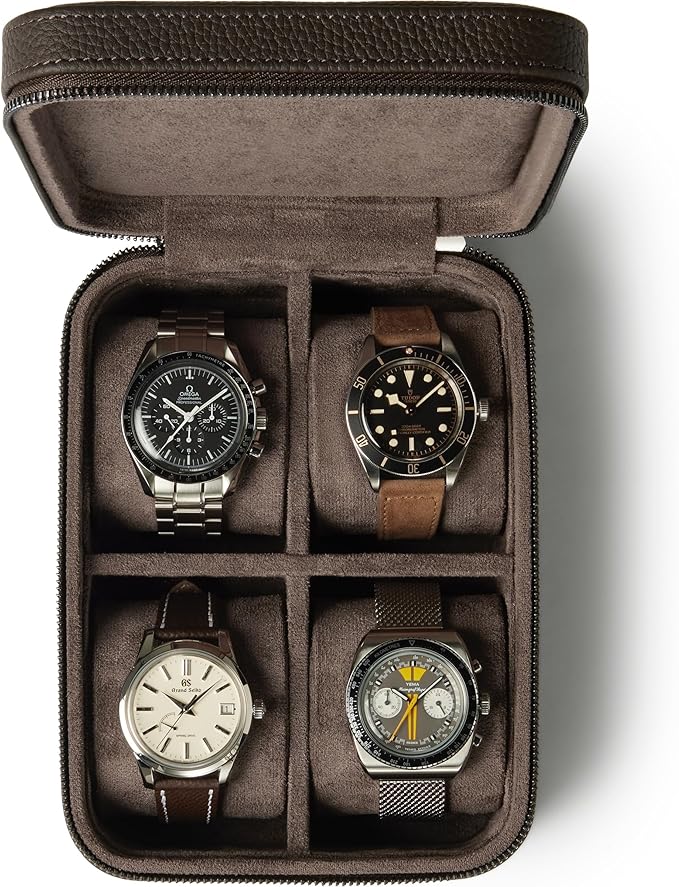 TAWBURY Watch Case - 4 Slot Genuine Top-Grain Leather Watch Box for Men & Women with Extra Wide Pillows for Large Watches - Portable Wristwatch Storage for Home & Travel (Brown)