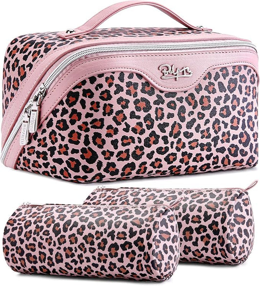 BOYATU Travel Makeup Bag for Women: 3 Pcs Set Portable Make up Bags with Handle - Leopard Print Cosmetic Bags with Comparments - Waterproof Vegan Leather Toiletry Bag (A-1-Pink)